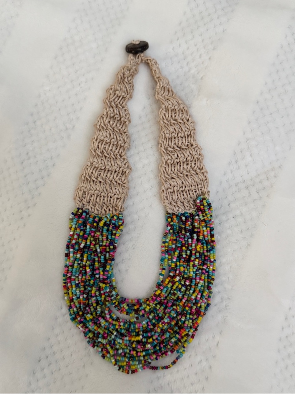 Handcrafted Multicolor Seed Bead and Beige Crochet Statement Necklace